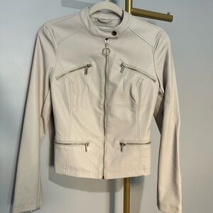 Women's Cream Faux Leather Jacket With Gold Hardware